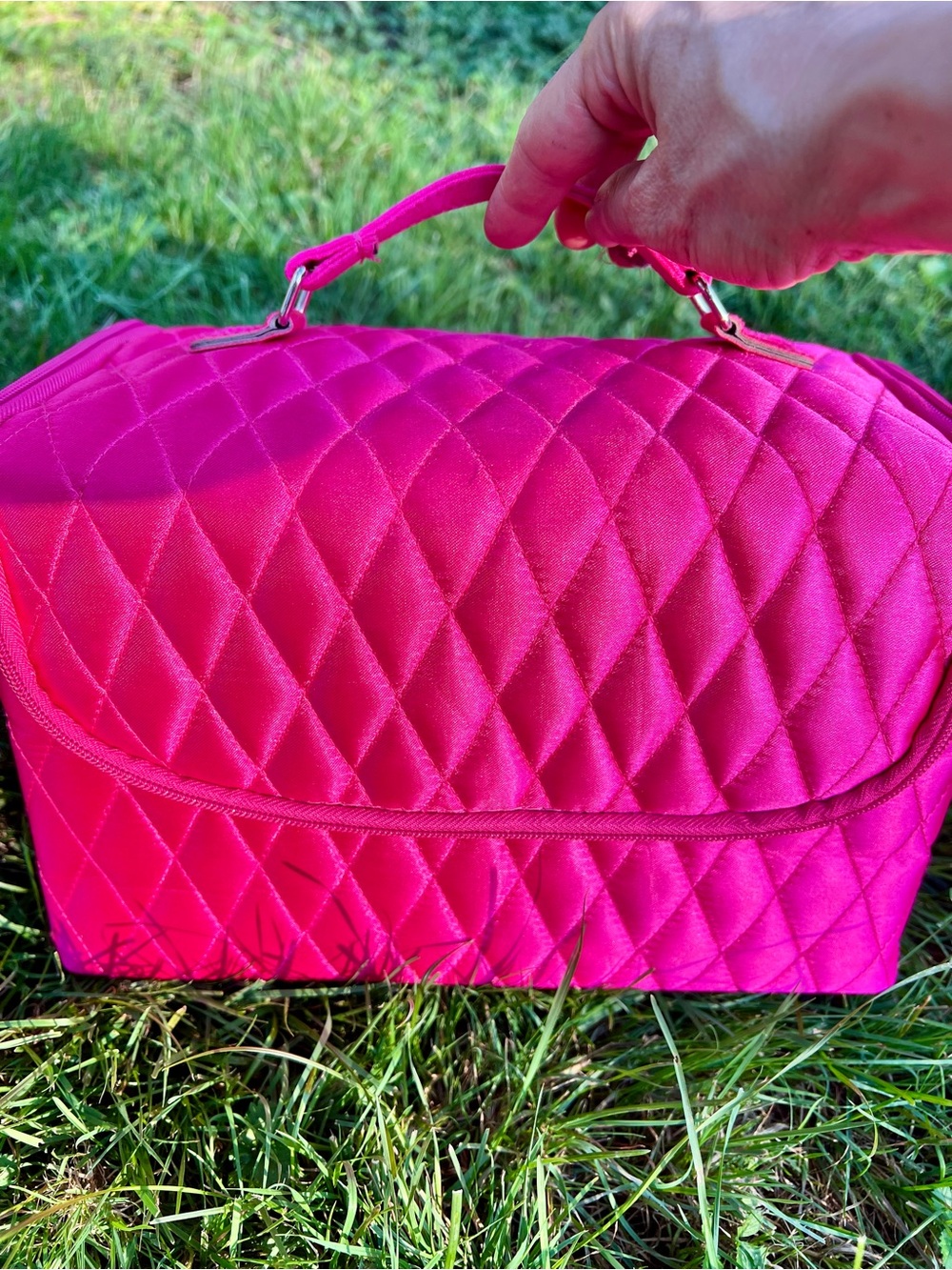 Ultra Hot Neon Pink Quilted Satin Train Makeup Case